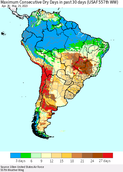 South America Maximum Consecutive Dry Days in past 30 days (USAF 557th WW) 05/25/2023 Thematic Map For 5/21/2023 - 5/25/2023