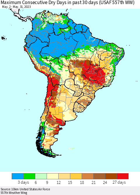 South America Maximum Consecutive Dry Days in past 30 days (USAF 557th WW) 05/31/2023 Thematic Map For 5/26/2023 - 5/31/2023
