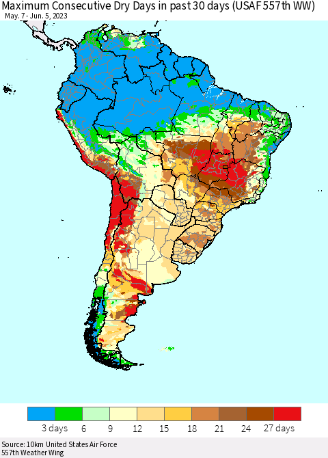 South America Maximum Consecutive Dry Days in past 30 days (USAF 557th WW) 06/05/2023 Thematic Map For 6/1/2023 - 6/5/2023