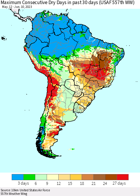 South America Maximum Consecutive Dry Days in past 30 days (USAF 557th WW) 06/10/2023 Thematic Map For 6/6/2023 - 6/10/2023