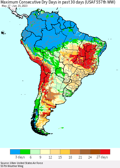 South America Maximum Consecutive Dry Days in past 30 days (USAF 557th WW) 06/15/2023 Thematic Map For 6/11/2023 - 6/15/2023