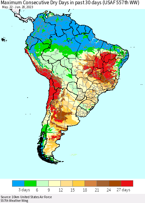South America Maximum Consecutive Dry Days in past 30 days (USAF 557th WW) 06/20/2023 Thematic Map For 6/16/2023 - 6/20/2023