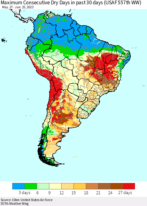 South America Maximum Consecutive Dry Days in past 30 days (USAF 557th WW) 06/25/2023 Thematic Map For 6/21/2023 - 6/25/2023