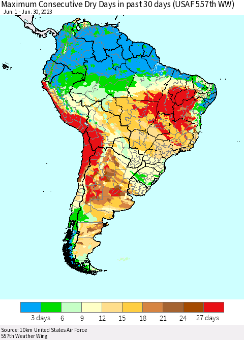 South America Maximum Consecutive Dry Days in past 30 days (USAF 557th WW) 06/30/2023 Thematic Map For 6/26/2023 - 6/30/2023