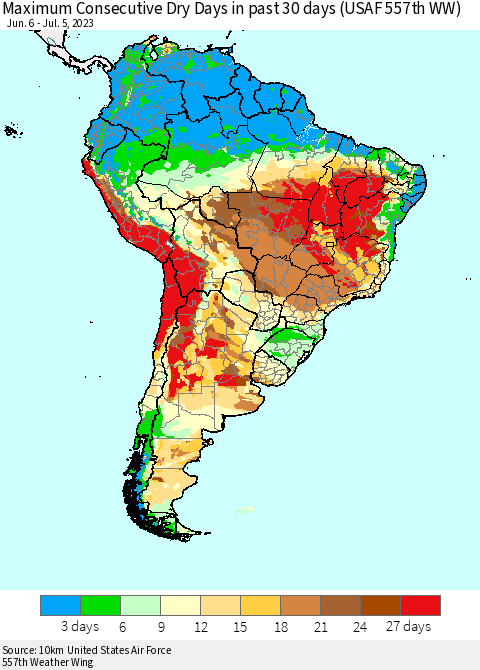 South America Maximum Consecutive Dry Days in past 30 days (USAF 557th WW) 07/05/2023 Thematic Map For 7/1/2023 - 7/5/2023