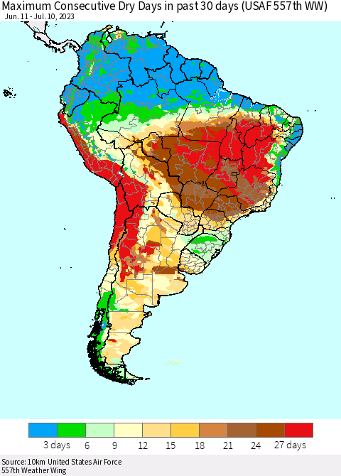 South America Maximum Consecutive Dry Days in past 30 days (USAF 557th WW) 07/10/2023 Thematic Map For 7/6/2023 - 7/10/2023