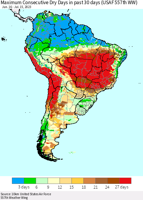 South America Maximum Consecutive Dry Days in past 30 days (USAF 557th WW) 07/15/2023 Thematic Map For 7/11/2023 - 7/15/2023
