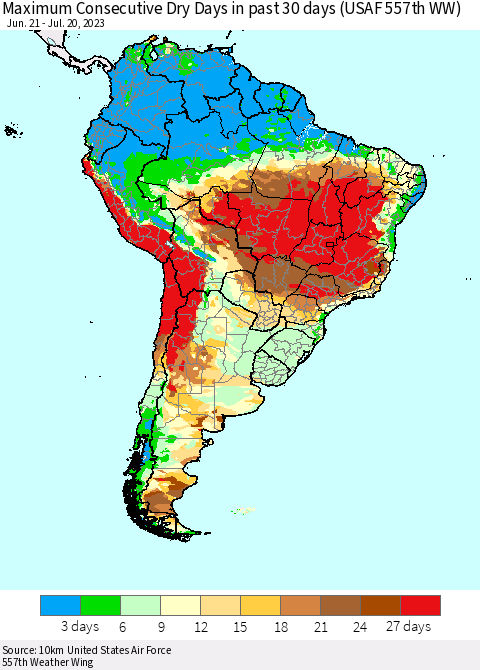 South America Maximum Consecutive Dry Days in past 30 days (USAF 557th WW) 07/20/2023 Thematic Map For 7/16/2023 - 7/20/2023