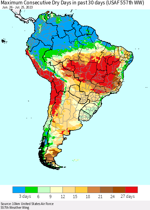 South America Maximum Consecutive Dry Days in past 30 days (USAF 557th WW) 07/25/2023 Thematic Map For 7/21/2023 - 7/25/2023