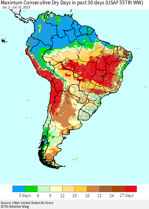South America Maximum Consecutive Dry Days in past 30 days (USAF 557th WW) 07/31/2023 Thematic Map For 7/26/2023 - 7/31/2023