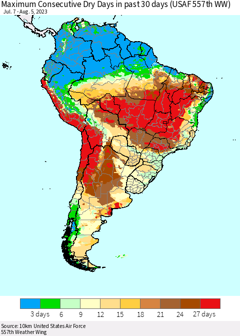 South America Maximum Consecutive Dry Days in past 30 days (USAF 557th WW) 08/05/2023 Thematic Map For 8/1/2023 - 8/5/2023