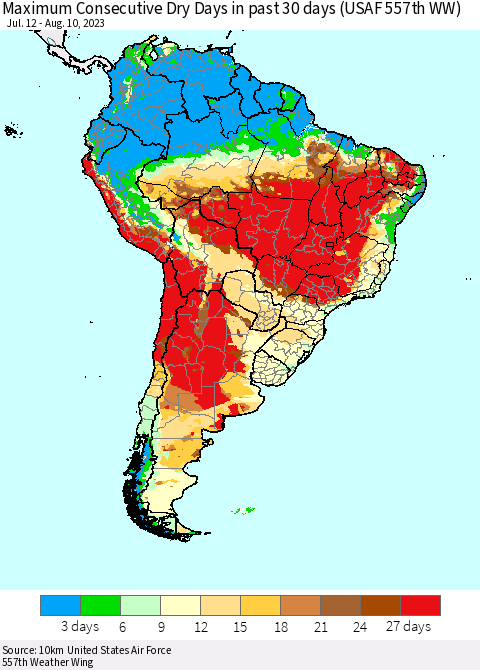 South America Maximum Consecutive Dry Days in past 30 days (USAF 557th WW) 08/10/2023 Thematic Map For 8/6/2023 - 8/10/2023