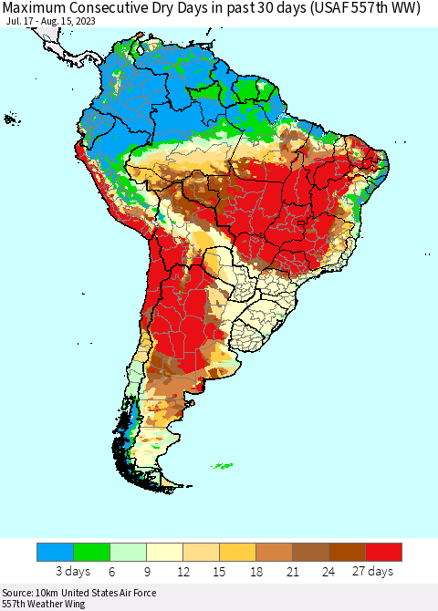 South America Maximum Consecutive Dry Days in past 30 days (USAF 557th WW) 08/15/2023 Thematic Map For 8/11/2023 - 8/15/2023