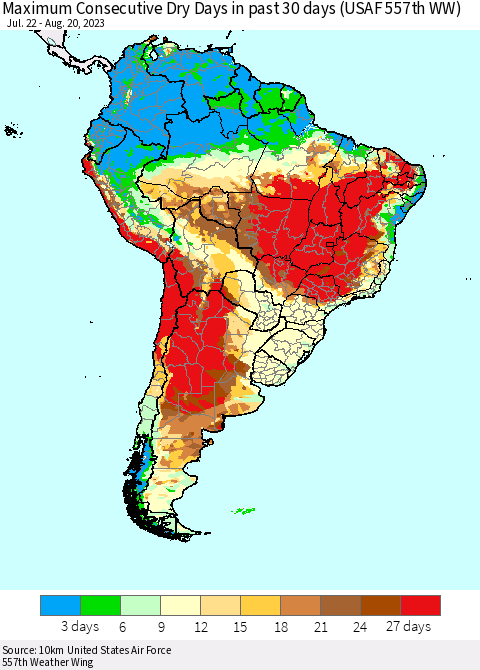 South America Maximum Consecutive Dry Days in past 30 days (USAF 557th WW) 08/20/2023 Thematic Map For 8/16/2023 - 8/20/2023