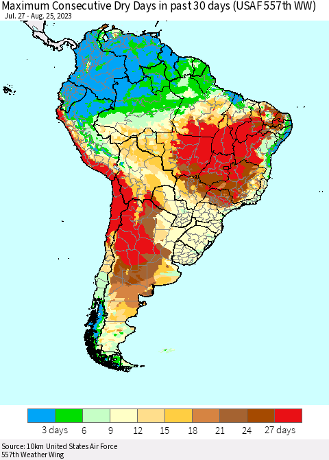 South America Maximum Consecutive Dry Days in past 30 days (USAF 557th WW) 08/25/2023 Thematic Map For 8/21/2023 - 8/25/2023