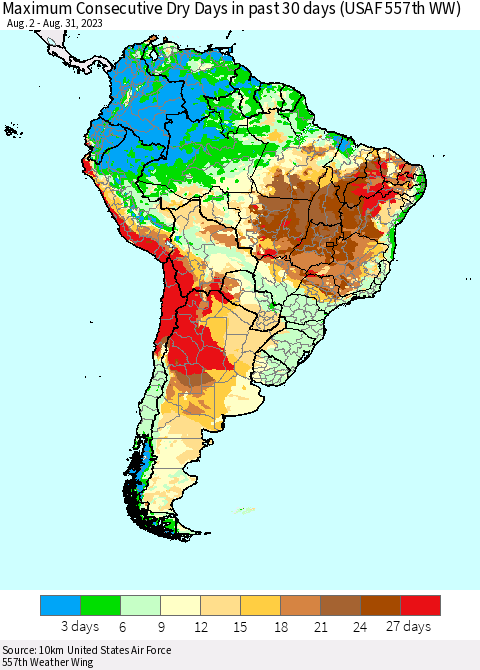 South America Maximum Consecutive Dry Days in past 30 days (USAF 557th WW) 08/31/2023 Thematic Map For 8/26/2023 - 8/31/2023