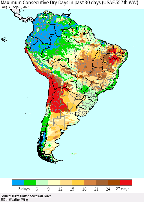 South America Maximum Consecutive Dry Days in past 30 days (USAF 557th WW) 09/05/2023 Thematic Map For 9/1/2023 - 9/5/2023