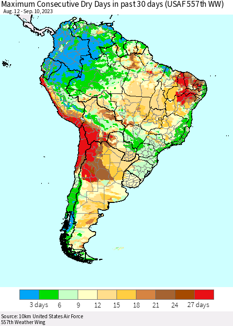 South America Maximum Consecutive Dry Days in past 30 days (USAF 557th WW) 09/10/2023 Thematic Map For 9/6/2023 - 9/10/2023