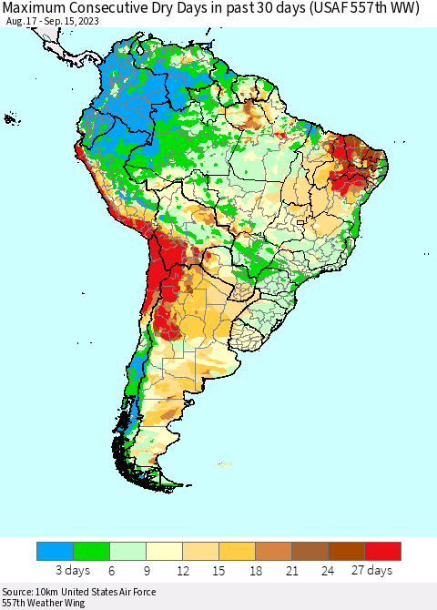 South America Maximum Consecutive Dry Days in past 30 days (USAF 557th WW) 09/15/2023 Thematic Map For 9/11/2023 - 9/15/2023