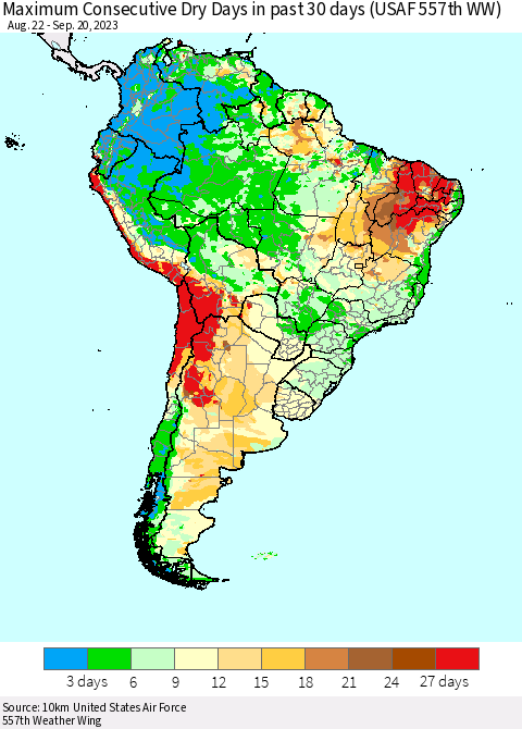 South America Maximum Consecutive Dry Days in past 30 days (USAF 557th WW) 09/20/2023 Thematic Map For 9/16/2023 - 9/20/2023