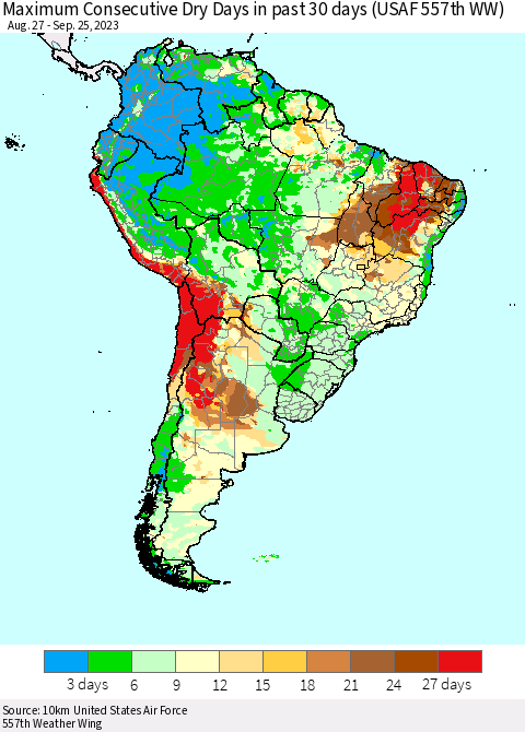 South America Maximum Consecutive Dry Days in past 30 days (USAF 557th WW) 09/25/2023 Thematic Map For 9/21/2023 - 9/25/2023