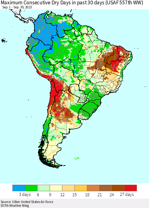 South America Maximum Consecutive Dry Days in past 30 days (USAF 557th WW) 09/30/2023 Thematic Map For 9/26/2023 - 9/30/2023