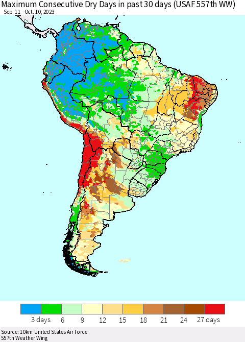 South America Maximum Consecutive Dry Days in past 30 days (USAF 557th WW) 10/10/2023 Thematic Map For 10/6/2023 - 10/10/2023
