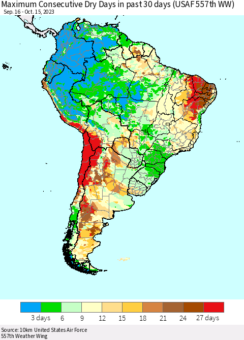South America Maximum Consecutive Dry Days in past 30 days (USAF 557th WW) 10/15/2023 Thematic Map For 10/11/2023 - 10/15/2023