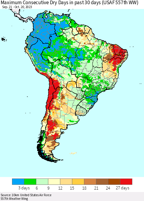 South America Maximum Consecutive Dry Days in past 30 days (USAF 557th WW) 10/20/2023 Thematic Map For 10/16/2023 - 10/20/2023