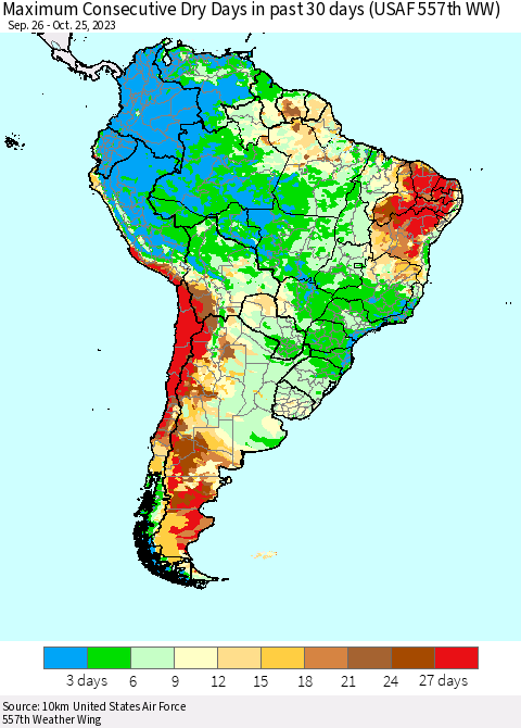 South America Maximum Consecutive Dry Days in past 30 days (USAF 557th WW) 10/25/2023 Thematic Map For 10/21/2023 - 10/25/2023