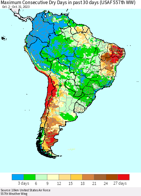 South America Maximum Consecutive Dry Days in past 30 days (USAF 557th WW) 10/31/2023 Thematic Map For 10/26/2023 - 10/31/2023