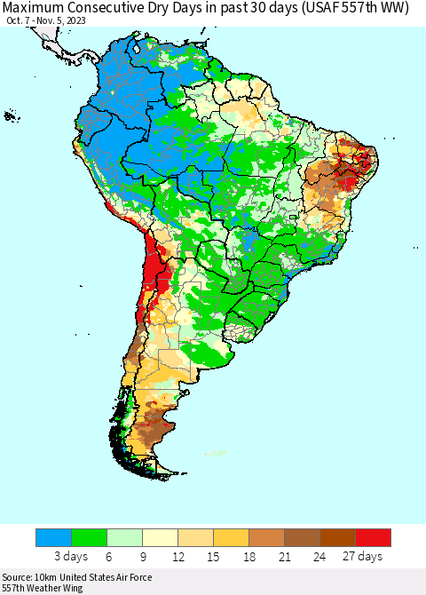 South America Maximum Consecutive Dry Days in past 30 days (USAF 557th WW) 11/05/2023 Thematic Map For 11/1/2023 - 11/5/2023