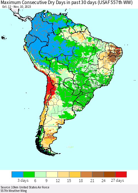 South America Maximum Consecutive Dry Days in past 30 days (USAF 557th WW) 11/10/2023 Thematic Map For 11/6/2023 - 11/10/2023
