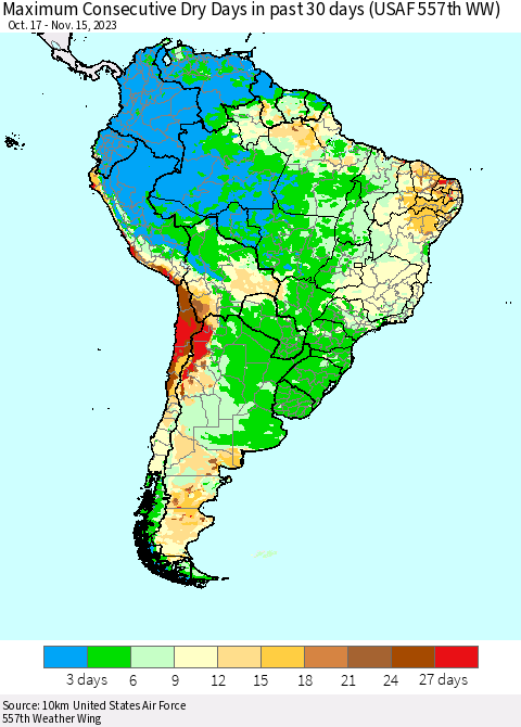 South America Maximum Consecutive Dry Days in past 30 days (USAF 557th WW) 11/15/2023 Thematic Map For 11/11/2023 - 11/15/2023
