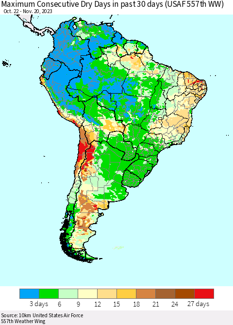 South America Maximum Consecutive Dry Days in past 30 days (USAF 557th WW) 11/20/2023 Thematic Map For 11/16/2023 - 11/20/2023