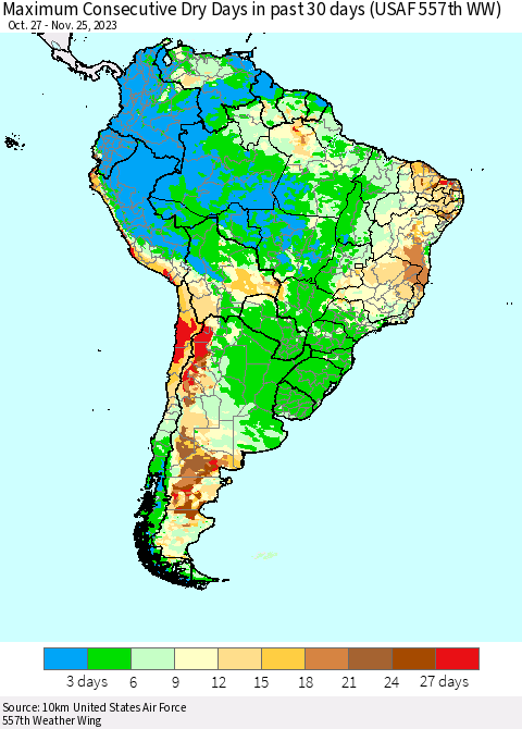 South America Maximum Consecutive Dry Days in past 30 days (USAF 557th WW) 11/25/2023 Thematic Map For 11/21/2023 - 11/25/2023