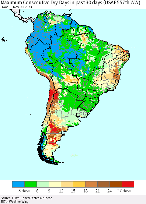 South America Maximum Consecutive Dry Days in past 30 days (USAF 557th WW) 11/30/2023 Thematic Map For 11/26/2023 - 11/30/2023
