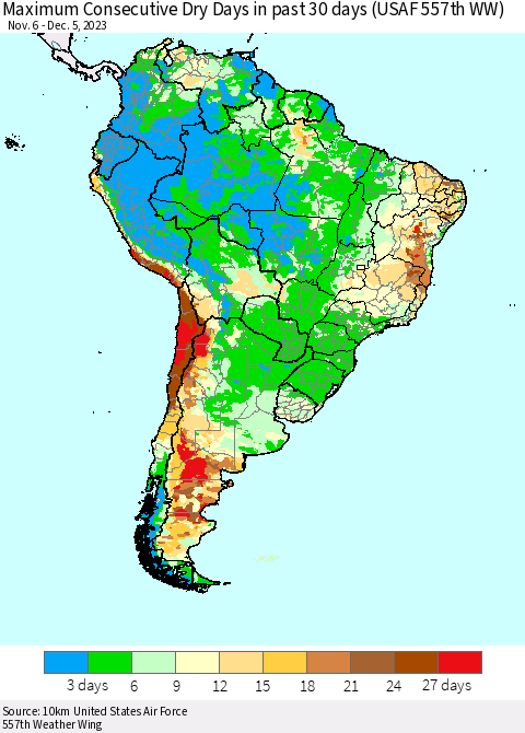 South America Maximum Consecutive Dry Days in past 30 days (USAF 557th WW) 12/05/2023 Thematic Map For 12/1/2023 - 12/5/2023