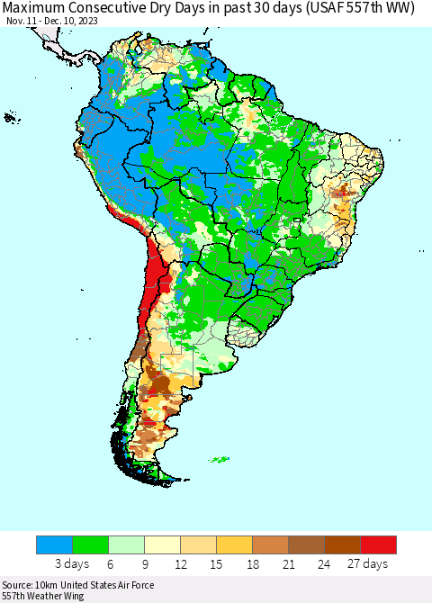 South America Maximum Consecutive Dry Days in past 30 days (USAF 557th WW) 12/10/2023 Thematic Map For 12/6/2023 - 12/10/2023