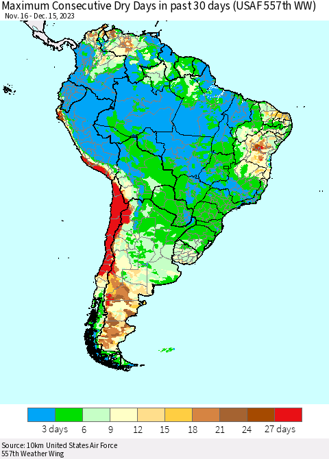 South America Maximum Consecutive Dry Days in past 30 days (USAF 557th WW) 12/15/2023 Thematic Map For 12/11/2023 - 12/15/2023