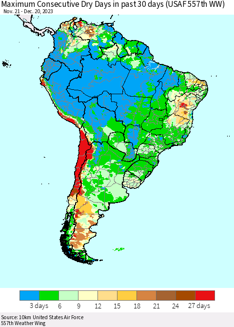 South America Maximum Consecutive Dry Days in past 30 days (USAF 557th WW) 12/20/2023 Thematic Map For 12/16/2023 - 12/20/2023
