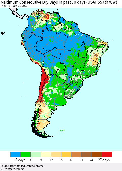 South America Maximum Consecutive Dry Days in past 30 days (USAF 557th WW) 12/25/2023 Thematic Map For 12/21/2023 - 12/25/2023