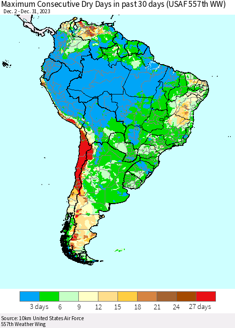 South America Maximum Consecutive Dry Days in past 30 days (USAF 557th WW) 12/31/2023 Thematic Map For 12/26/2023 - 12/31/2023