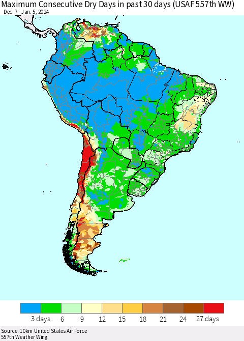 South America Maximum Consecutive Dry Days in past 30 days (USAF 557th WW) 01/05/2024 Thematic Map For 1/1/2024 - 1/5/2024