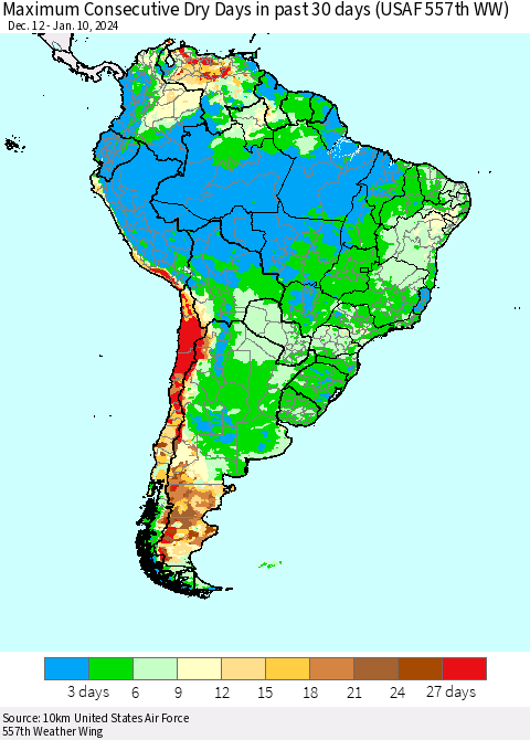 South America Maximum Consecutive Dry Days in past 30 days (USAF 557th WW) 01/10/2024 Thematic Map For 1/6/2024 - 1/10/2024