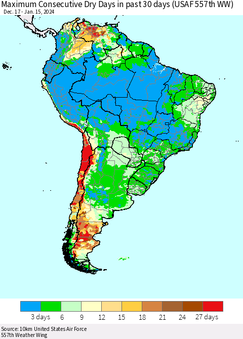 South America Maximum Consecutive Dry Days in past 30 days (USAF 557th WW) 01/15/2024 Thematic Map For 1/11/2024 - 1/15/2024