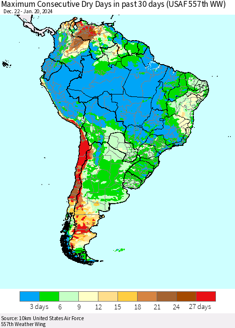 South America Maximum Consecutive Dry Days in past 30 days (USAF 557th WW) 01/20/2024 Thematic Map For 1/16/2024 - 1/20/2024