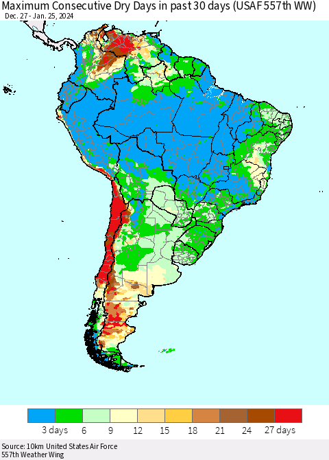 South America Maximum Consecutive Dry Days in past 30 days (USAF 557th WW) 01/25/2024 Thematic Map For 1/21/2024 - 1/25/2024