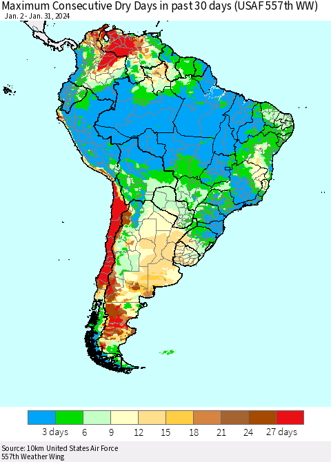 South America Maximum Consecutive Dry Days in past 30 days (USAF 557th WW) 01/31/2024 Thematic Map For 1/26/2024 - 1/31/2024