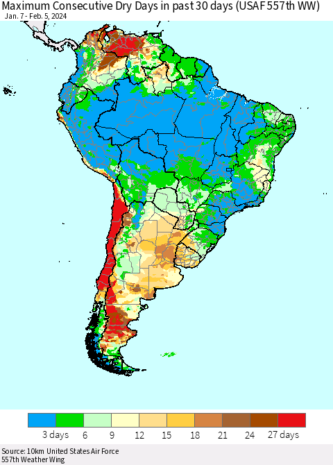 South America Maximum Consecutive Dry Days in past 30 days (USAF 557th WW) 02/05/2024 Thematic Map For 2/1/2024 - 2/5/2024